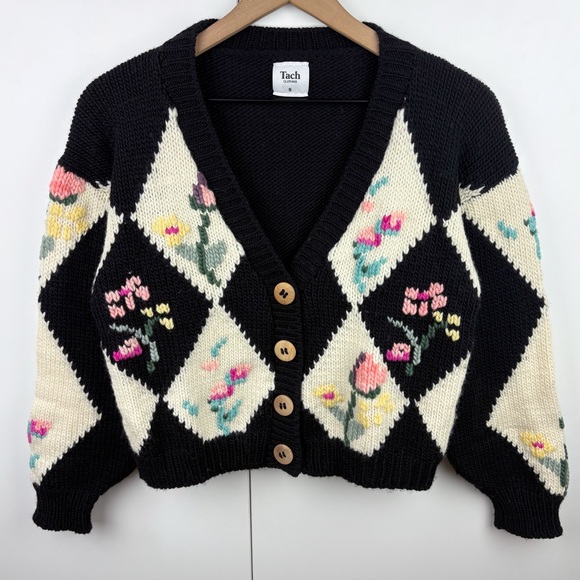 Tach Tampa Wool Cardigan Sweater Embroidered Floral Diamond Granny Knit Small - Picture 2 of 8